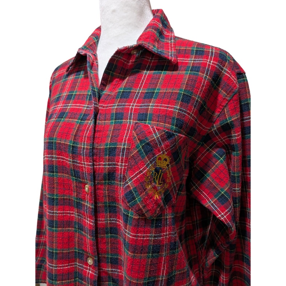 Lauren Ralph Lauren Red Plaid Tartan Women's Button Down Shirt Dress RL Crest M